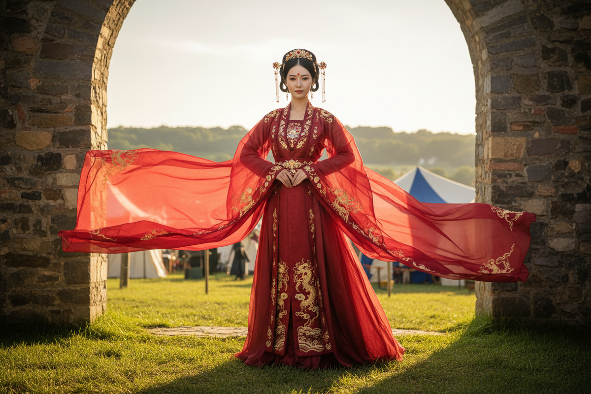 Hanfu for Ren Faire 2026 — crimson Tang dynasty wide sleeve — Olive Girl