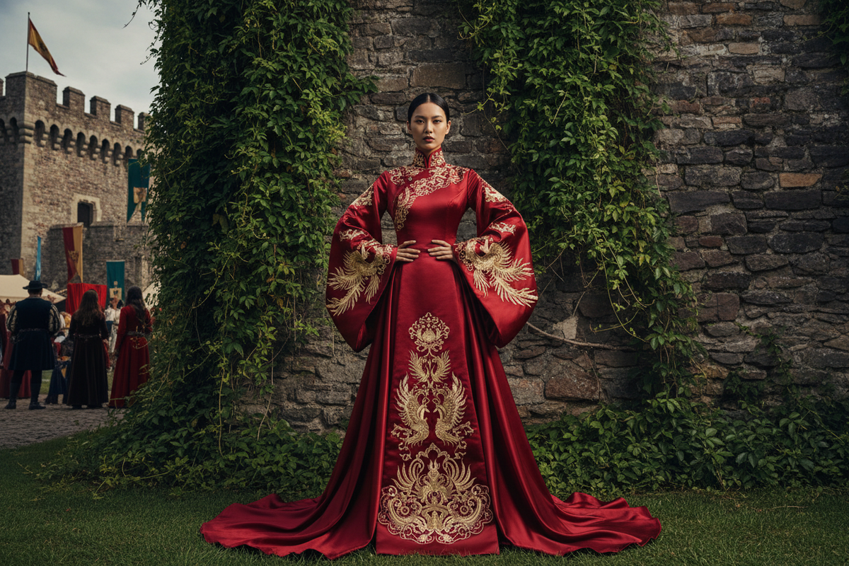 Hanfu for Ren Faire 2026 — editorial fashion East Asian woman crimson Tang dynasty Hanfu wide sleeves gold phoenix embroidery castle stone wall ivy Renaissance faire medieval festival dramatic lighting, Olive Girl