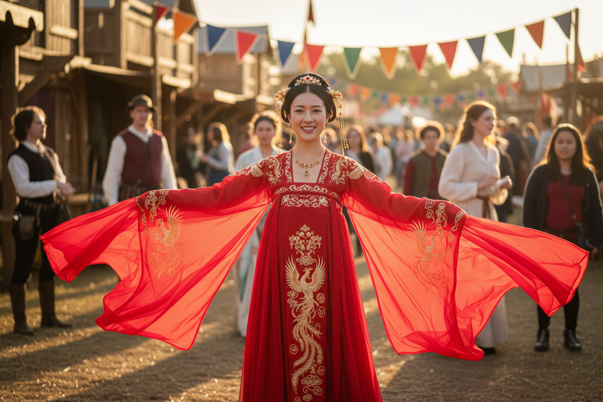 Hanfu for Ren Faire 2026 — elegant woman in red wide-sleeve Hanfu with gold phoenix embroidery, sleeves billowing in wind at Renaissance Faire outdoor setting, Olive Girl