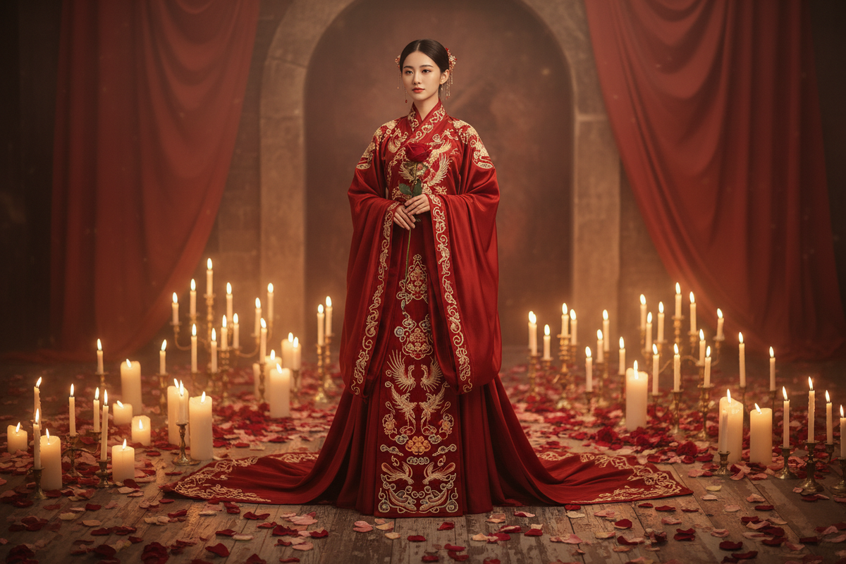 Hanfu for Valentine's Day 2027 — East Asian woman deep red embroidered Hanfu wide flowing sleeves candlelight rose petals romantic atmosphere holding red rose, Olive Girl