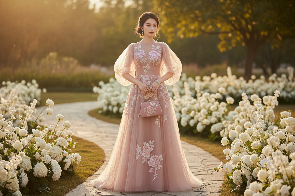 Hanfu for wedding guest 2026 — editorial fashion elegant East Asian woman dusty rose Chinese Hanfu dress delicate peony embroidery romantic bubble sleeves sunlit garden wedding white floral arrangements pearl earrings jade bangle golden light, Olive Girl