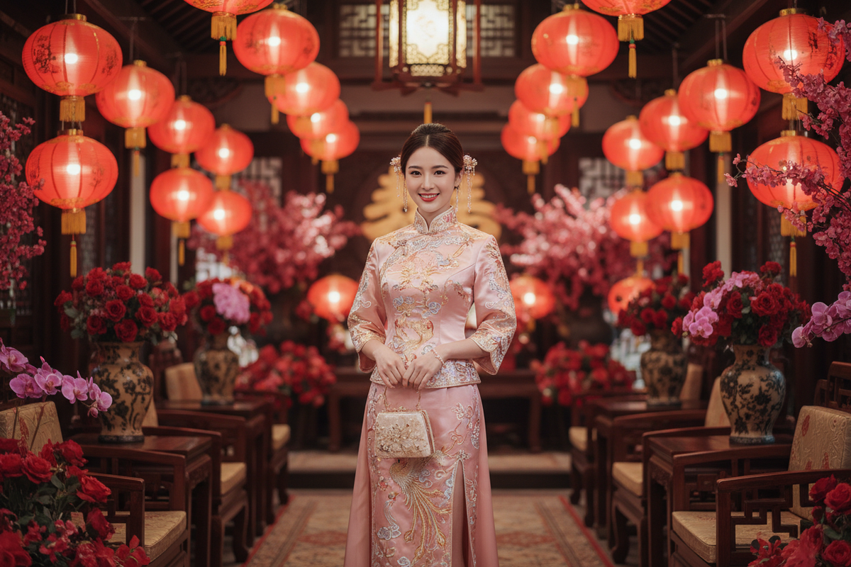 Hanfu for Chinese wedding guest 2026 — elegant woman in pink embroidered Qipao at Chinese wedding venue with red lanterns and golden light, Olive Girl