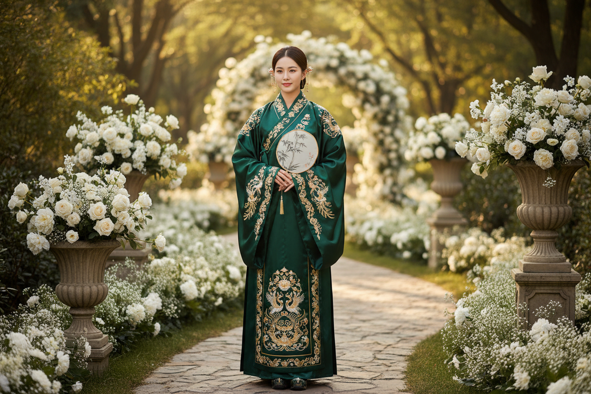 Hanfu for weddings 2026 — emerald green Song dynasty Ruqun gold embroidery garden wedding silk fan romantic editorial — Olive Girl
