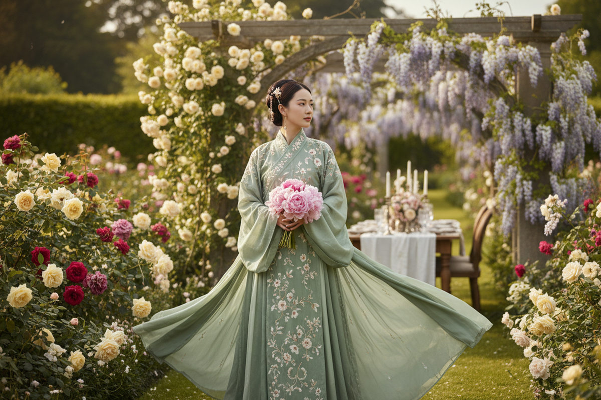 Hanfu for garden party 2026 — editorial fashion East Asian woman sage green Hanfu floral embroidery English garden blooming roses wisteria peonies bouquet golden afternoon light, Olive Girl