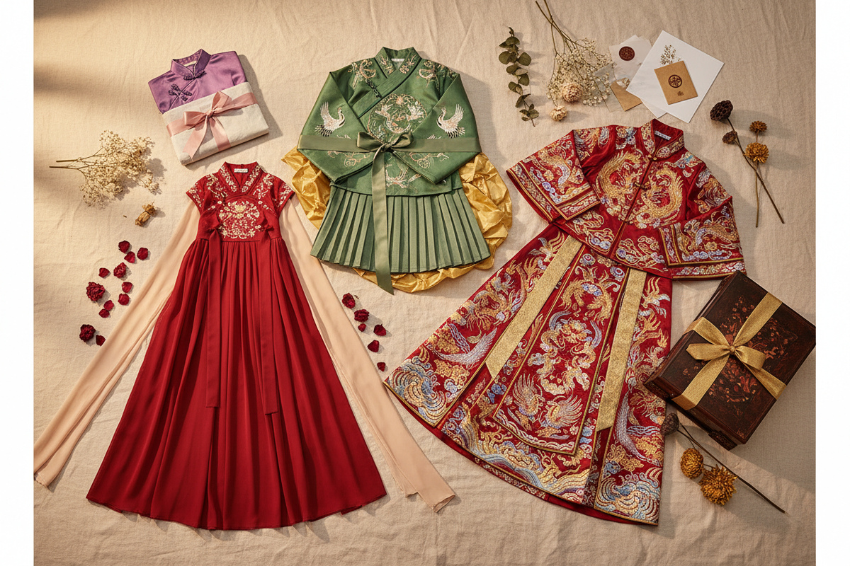 Hanfu gift guide 2026 — four Hanfu pieces at every budget from $75 to $529, luxury editorial flat-lay with silk ribbon and dried flowers, best Hanfu gifts for her, Olive Girl