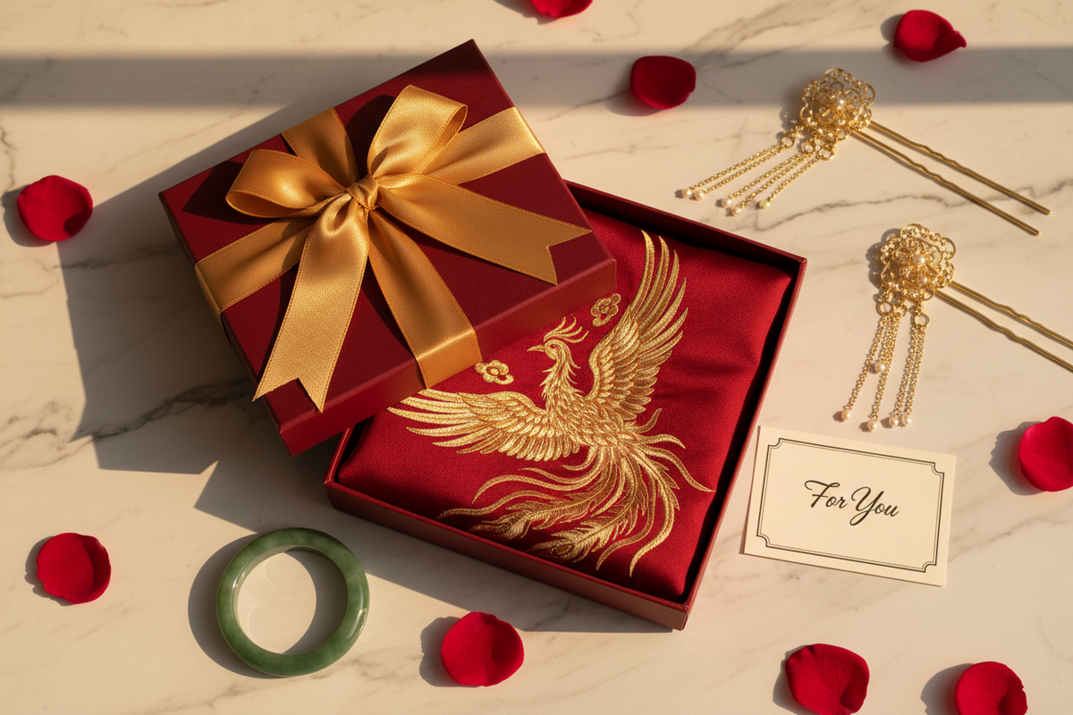 Hanfu gift guide 2026 — deep red gift box gold ribbon open embroidered Hanfu fabric gold phoenix jade bangle buyao hair pins rose petals white marble meaningful authentic Chinese heritage gift, Olive Girl