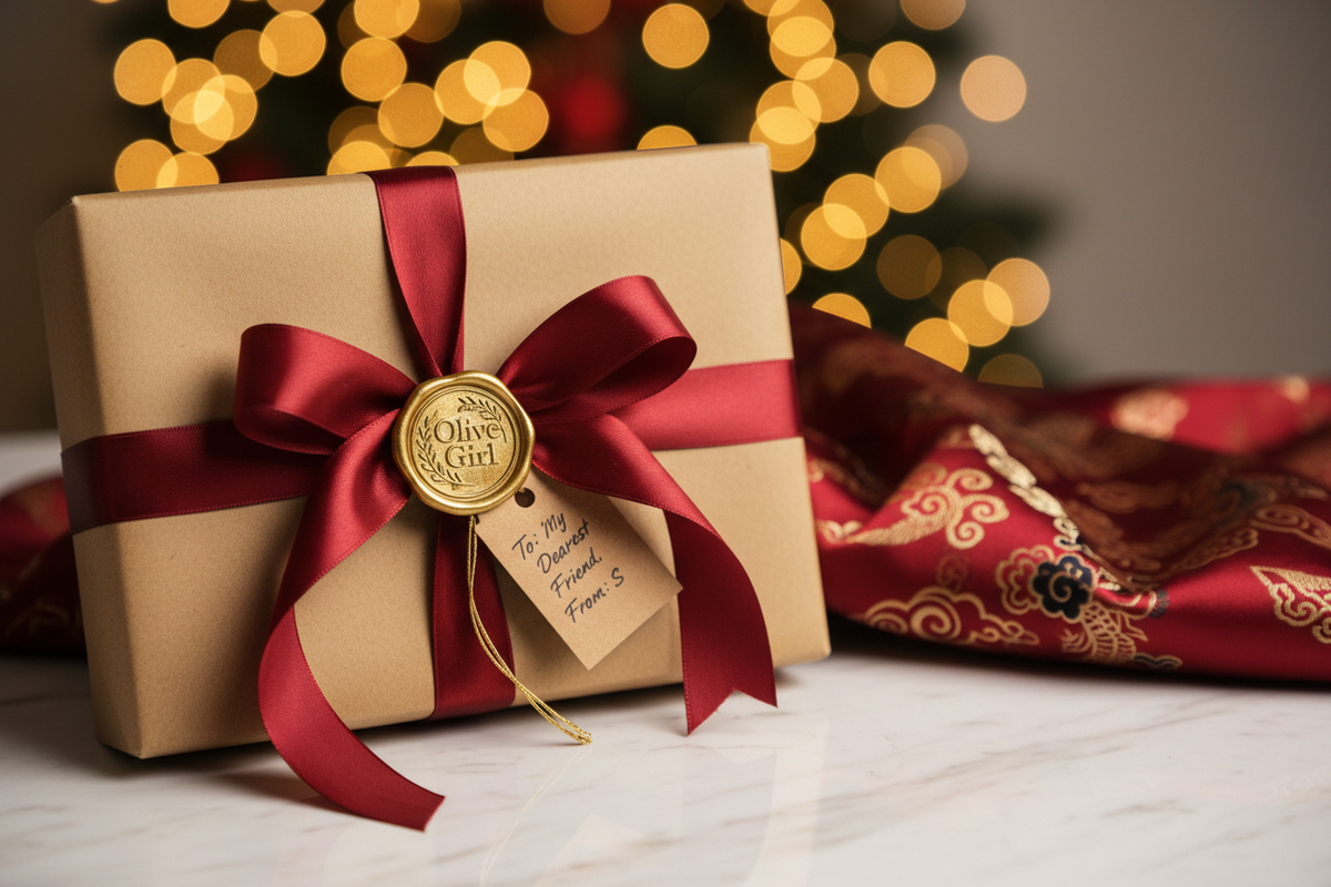 Hanfu gift guide 2026 — premium kraft paper box deep red ribbon bow gold Olive Girl wax seal handwritten gift tag red embroidered Hanfu fabric tissue paper warm golden bokeh festive Christmas CNY birthday heritage gift, Olive Girl