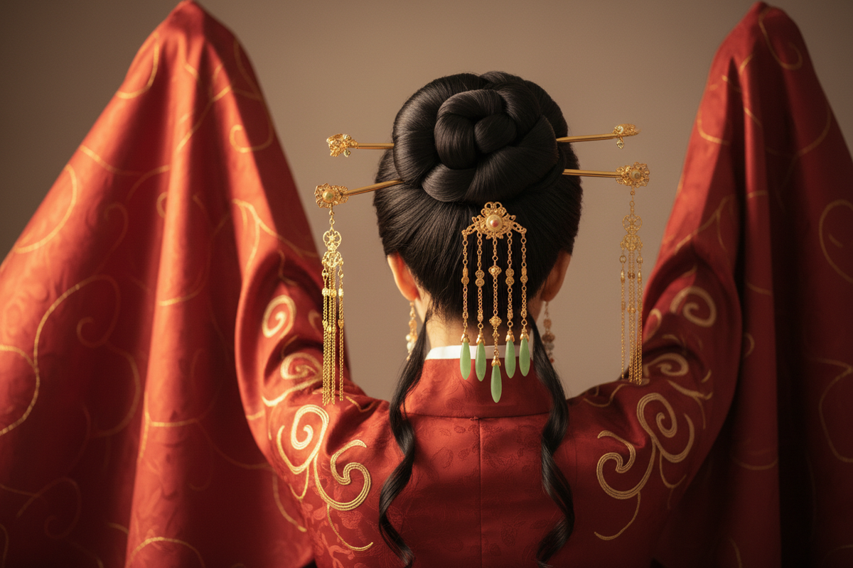 Hanfu hairstyle guide 2026 — East Asian woman elegant high bun gaoji gold buyao hair pins dangling jade pendants Tang Dynasty Hanfu deep red gold embroidery warm golden light authentic Chinese heritage, Olive Girl