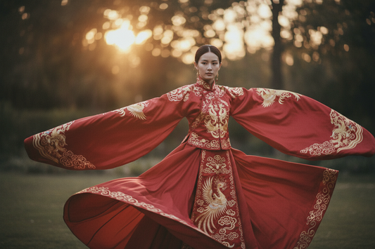 Hanfu outfit ideas 2026 — red embroidered Hanfu dress with wide flowing sleeves, Ren Faire and garden wedding styling, Olive Girl