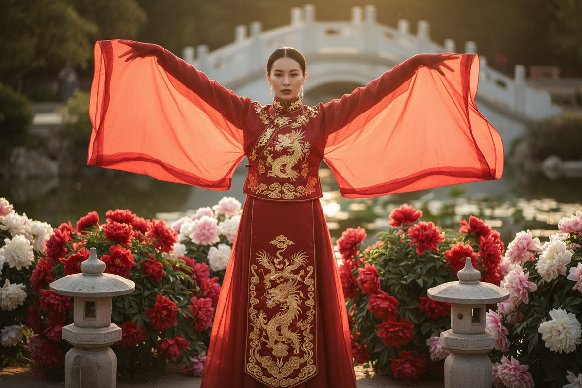 Hanfu photoshoot guide 2026 — East Asian woman wide-sleeve Tang Dynasty Hanfu deep red gold embroidery sleeve spread pose golden hour light classical Chinese garden stone lanterns peonies powerful proud radiant, Olive Girl