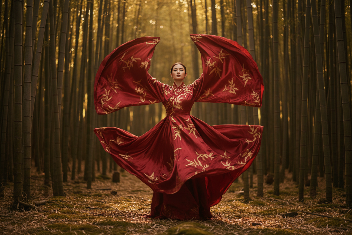 Hanfu photoshoot ideas 2026 — editorial fashion East Asian woman crimson Tang dynasty Hanfu wide sleeves gold leaf embroidery sleeve toss bamboo grove golden hour dappled light cinematic, Olive Girl