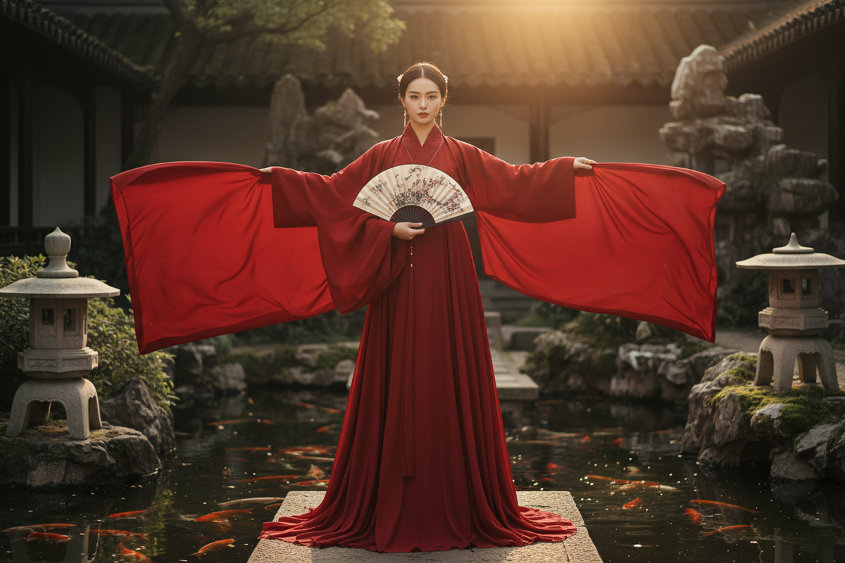Hanfu photoshoot ideas 2026 — East Asian woman in red Tang Dynasty Hanfu wide sleeves fully extended Chinese garden koi pond stone lanterns golden hour light, Olive Girl