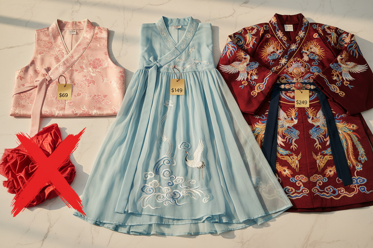 Hanfu price guide 2026 how much does Hanfu cost — three Hanfu pieces price spectrum pink jacquard vest $69 flowing chiffon embroidery $149 heavy multicolor embroidery $249 gold tags white marble authentic vs cheap costume polyester red X, Olive Girl