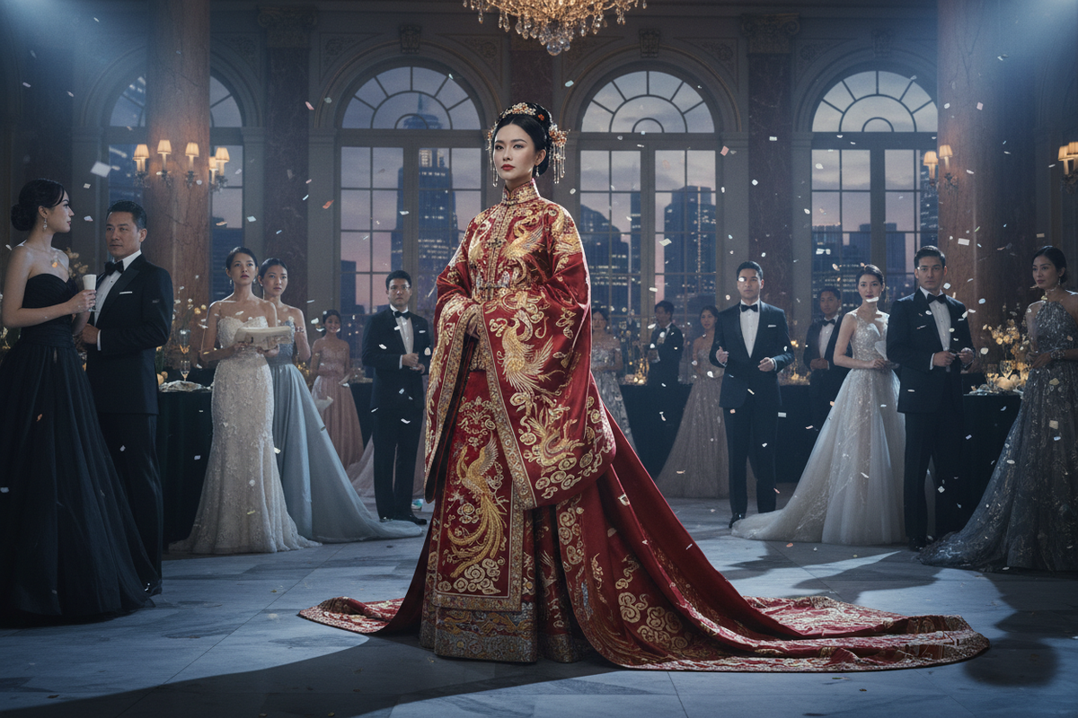 Beautiful Asian woman wearing a breathtaking luxurious and heavy silk traditional Chinese Hanfu dress arriving at an elegant Western formal gala or prom setting