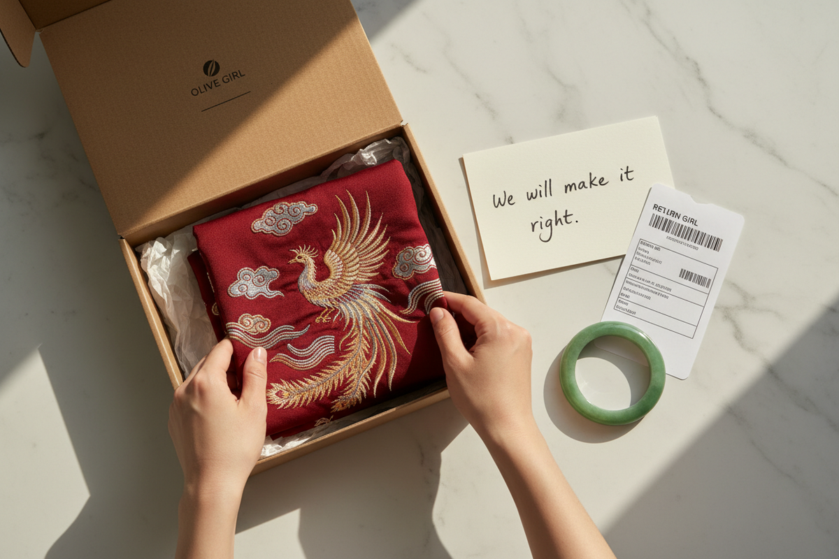 Hanfu return policy 2026 — deep red embroidered Hanfu fabric folded back into Olive Girl kraft paper box tissue paper handwritten note we will make it right return shipping label jade bangle white marble 30-day risk-free returns, Olive Girl