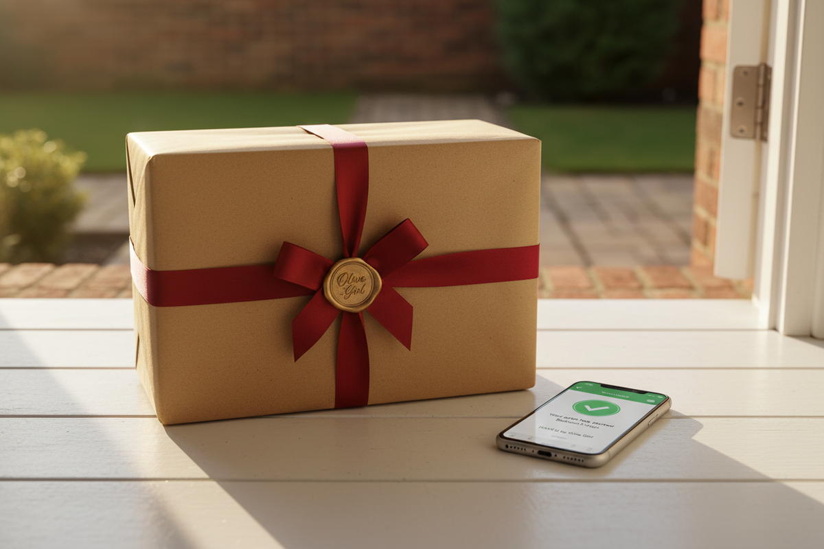 Hanfu shipping guide 2026 — premium kraft paper Olive Girl package gold seal deep red ribbon white doorstep phone delivery tracking notification arrived 3-5 days free shipping US UK Australia EU, Olive Girl