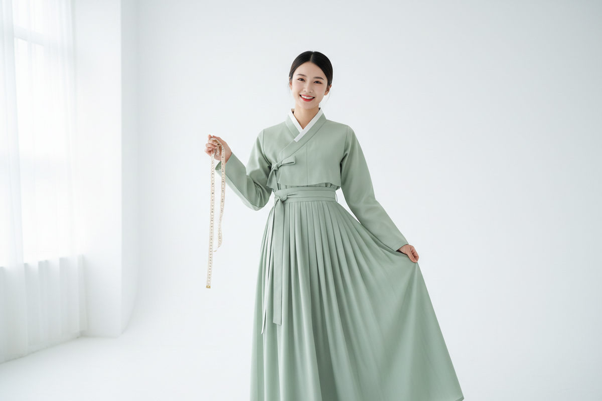 Hanfu size guide 2026 — woman in perfectly fitted Song dynasty Ruqun holding measuring tape confident clean studio — Olive Girl