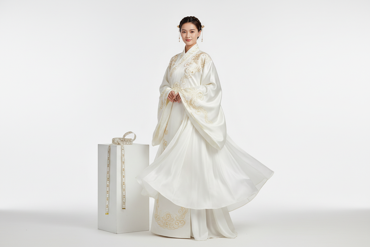 Hanfu size guide 2026 — editorial fashion confident East Asian woman ivory Chinese Hanfu dress delicate gold embroidery bright clean studio three-quarter pose elegant silhouette flowing construction measuring tape prop aspirational luxury, Olive Girl