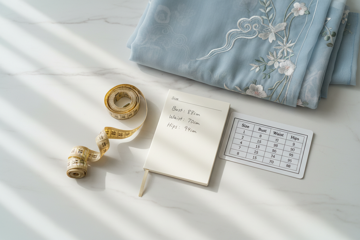 Hanfu size guide 2026 — gold measuring tape notebook handwritten measurements size chart card embroidered chiffon Hanfu pale blue white marble find your perfect Hanfu size easy confident, Olive Girl