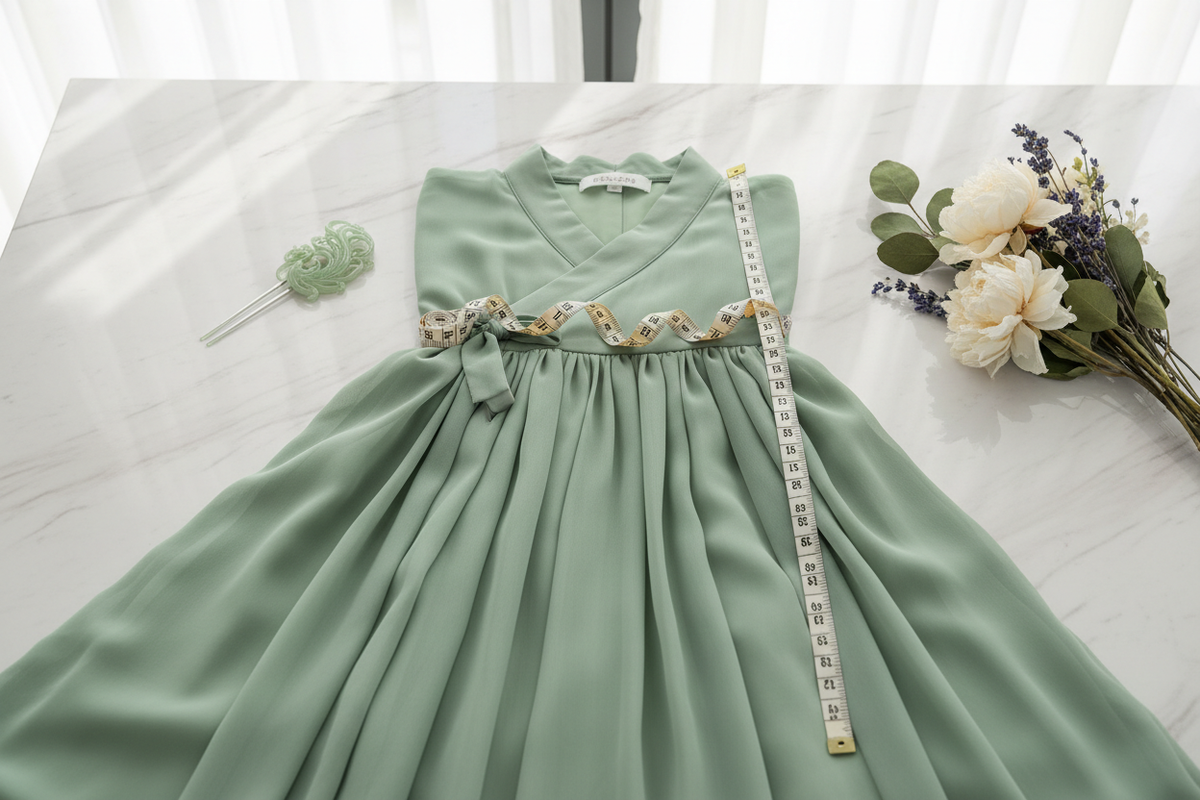 Hanfu size guide 2026 — measuring tape on chiffon Hanfu, white marble — Olive Girl