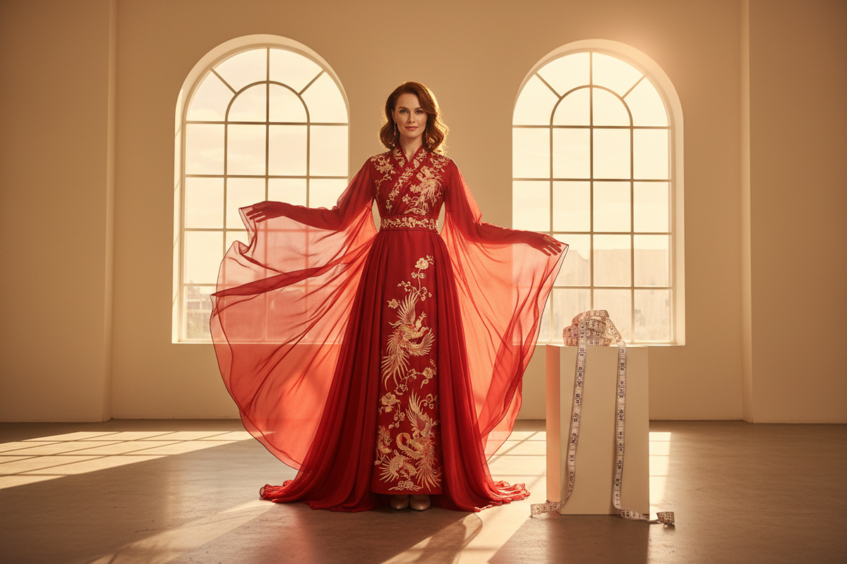 Hanfu sizing guide 2026 — Western woman in red embroidered Hanfu dress, XS-3XL Western sizing chart, perfect fit for Western body types