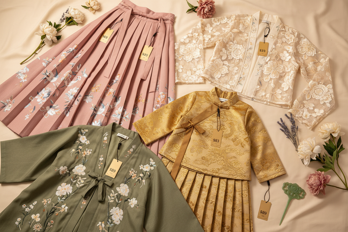 Hanfu under $100 2026 — four affordable authentic Hanfu pieces flat-lay from $69, Ma Mian Skirt embroidered jacket jacquard set lace coat, Olive Girl