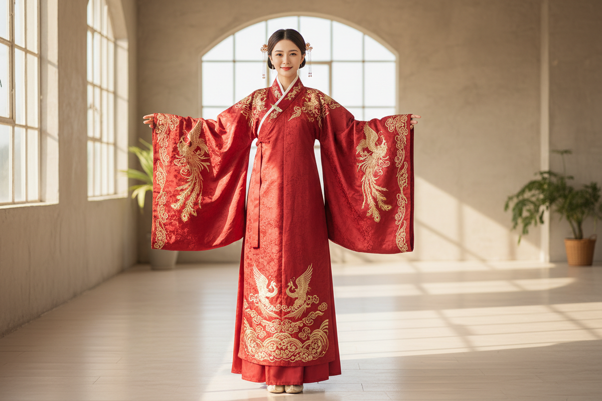Authentic Tang dynasty wide-sleeve Hanfu in crimson with gold embroidery — best value Hanfu under $200 — Olive Girl