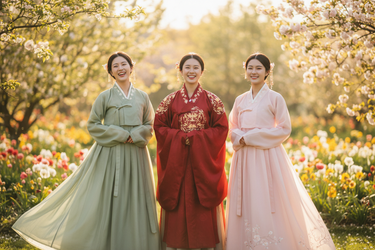 Hanfu under $200 best value 2026 — three women Song dynasty Ruqun Tang wide-sleeve authentic Hanfu garden golden light editorial — Olive Girl