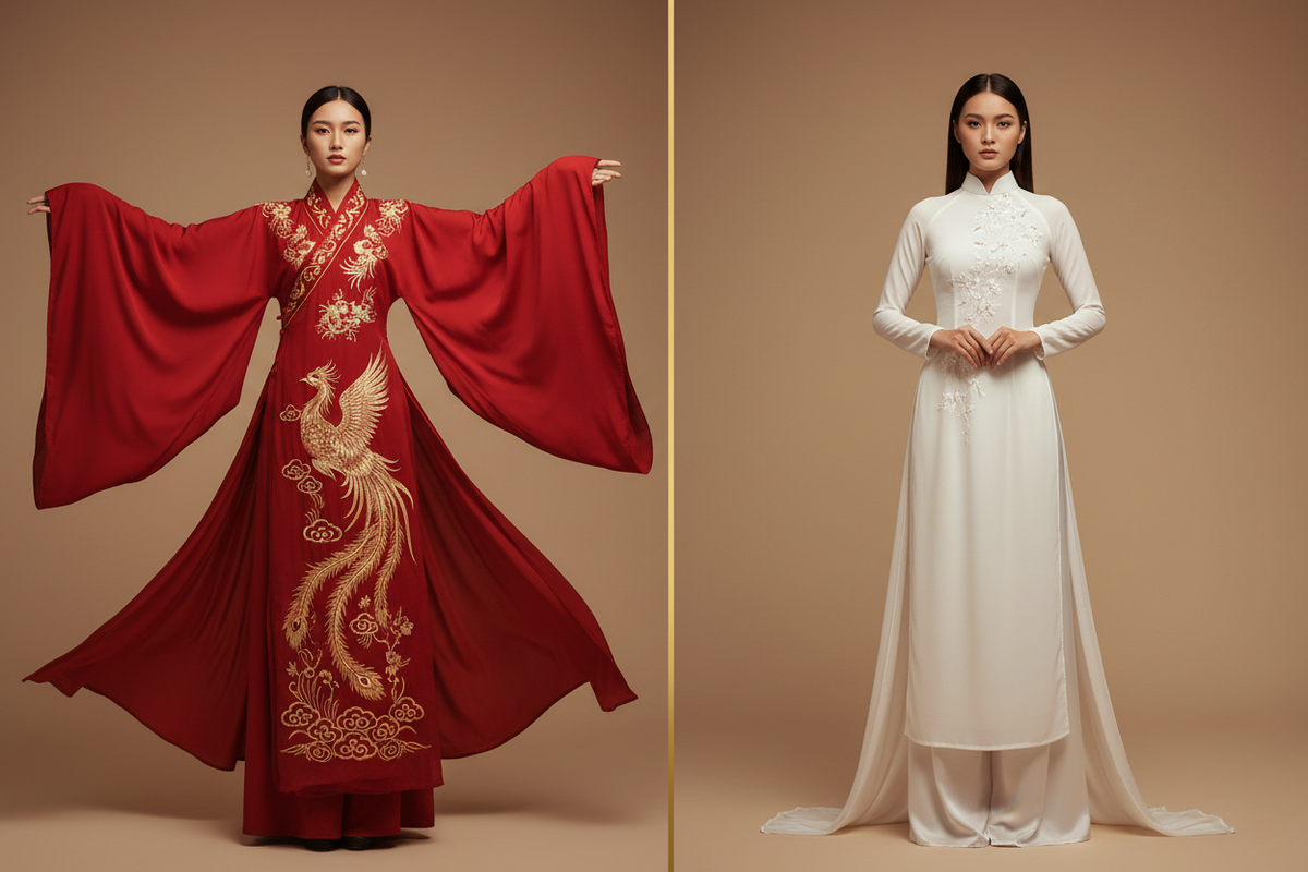 Hanfu vs Ao Dai 2026 — Chinese Hanfu wide-sleeve red embroidery vs Vietnamese Ao Dai fitted white mandarin collar, split-panel editorial comparison, Olive Girl