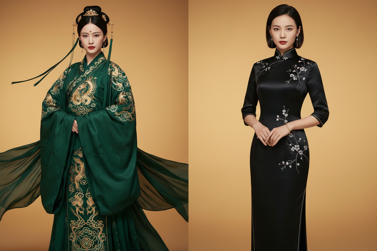 Hanfu vs Chinese dress 2026 — two East Asian women side by side flowing wide-sleeve Tang Hanfu forest green gold embroidery ancient ethereal versus sleek fitted black Qipao modern elegant both authentic confident, Olive Girl