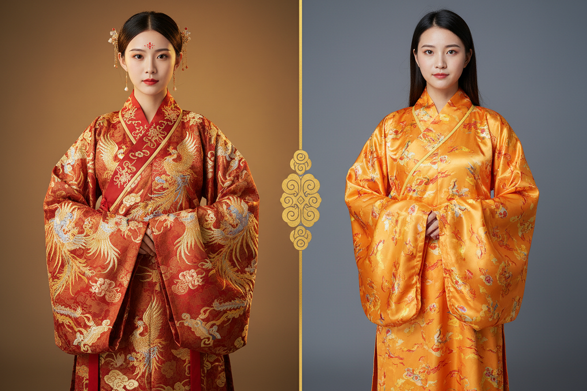 Hanfu vs cosplay 2026 — split-screen authentic Hanfu real embroidery jacquard cross-collar left vs cheap Halloween costume polyester printed pattern right gold dividing line, Olive Girl
