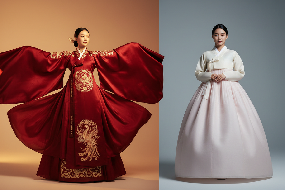 Hanfu vs Hanbok 2026 — Chinese Hanfu with wide flowing sleeves and cross-collar vs Korean Hanbok bell-shaped chima silhouette, complete visual comparison guide, Olive Girl editorial