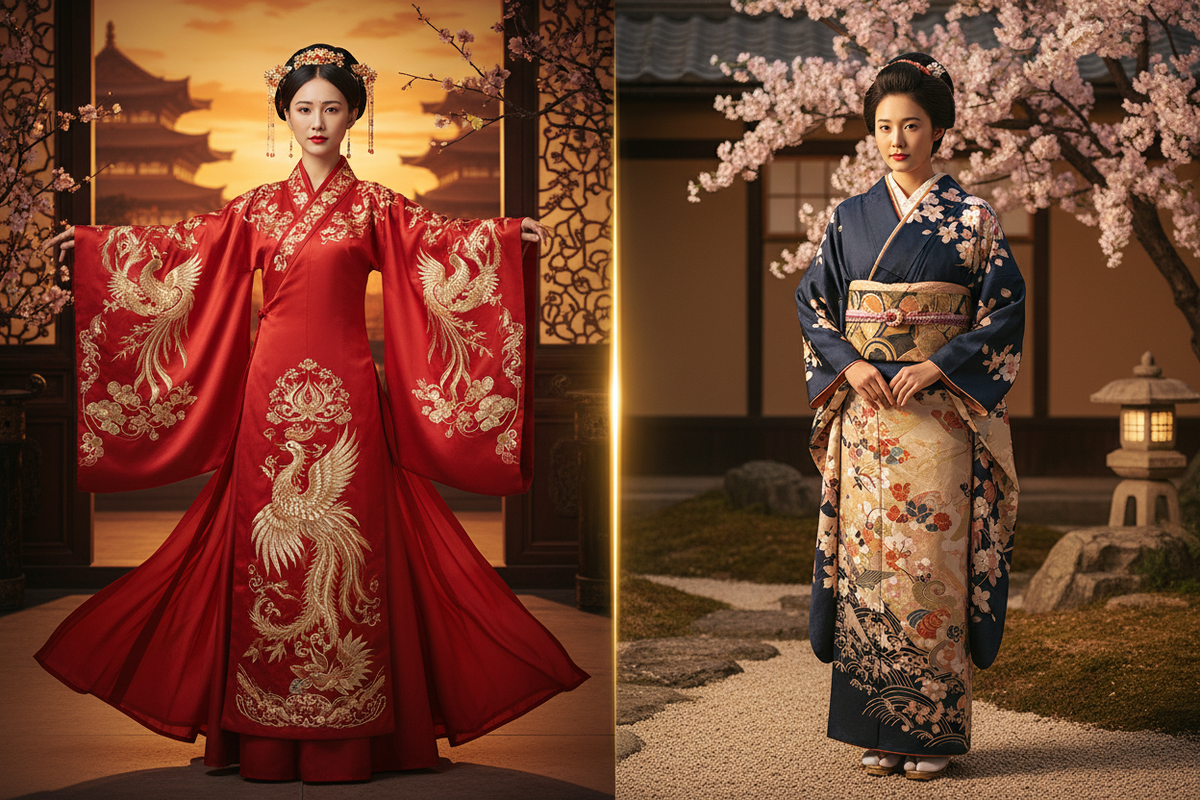 Hanfu vs Kimono 2026 comparison — split-screen Chinese Hanfu wide flowing sleeve red embroidery left vs Japanese Kimono obi sash right, gold dividing line, Olive Girl