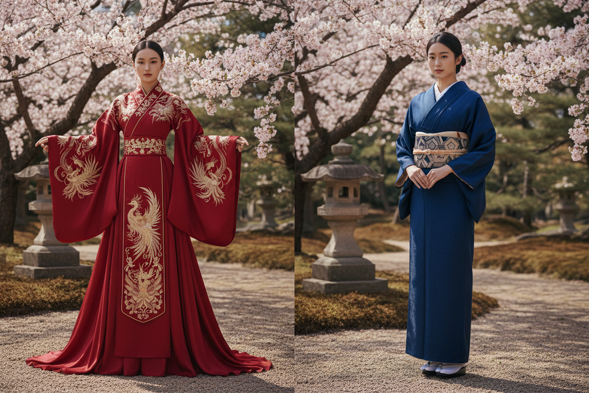 Hanfu vs Kimono 2026 — editorial fashion split composition Chinese Hanfu crimson wide sleeves gold phoenix embroidery crossed collar vs Japanese Kimono deep blue obi sash classical East Asian garden cherry blossoms, Olive Girl