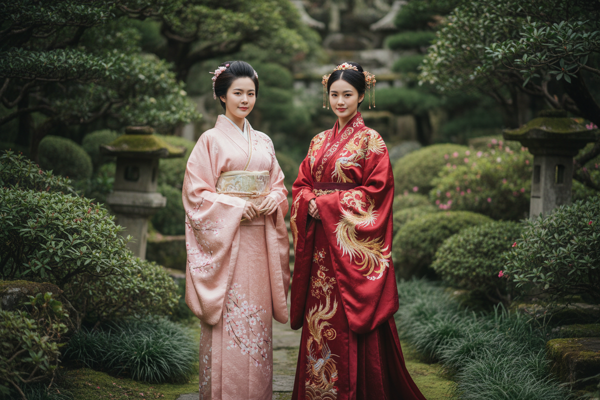 Hanfu history 3000 years 2026 — editorial timeline five dynasty Hanfu styles Zhou Han Tang Song Ming modern revival aged parchment Chinese ink calligraphy jade seal museum lighting, Olive Girl