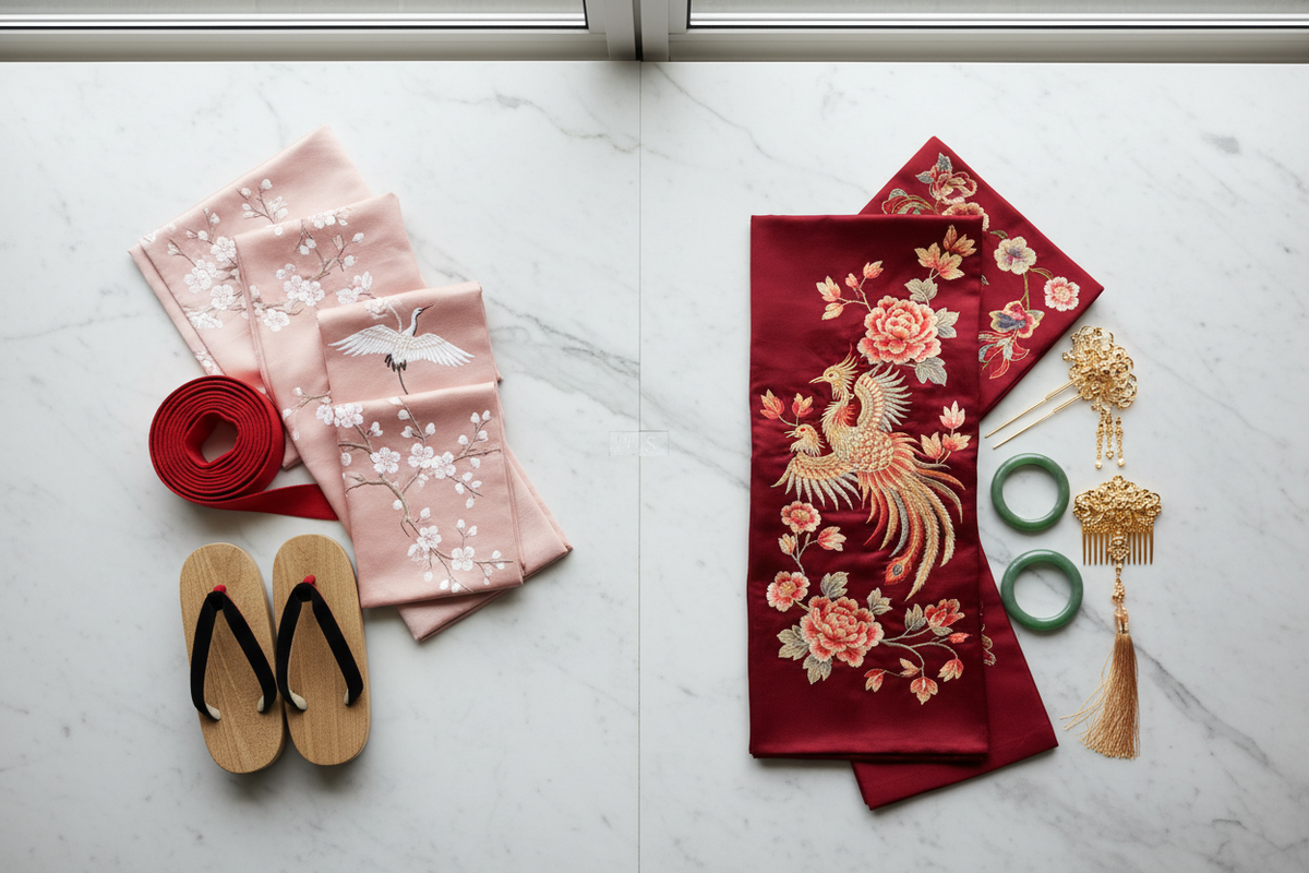 Hanfu vs Kimono 2026 — editorial flat-lay comparison Japanese kimono blush pink cherry blossom crane obi belt versus Chinese Hanfu crimson gold phoenix peony jade bangle hair ornaments, Olive Girl