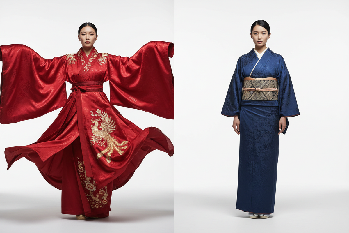 Hanfu vs Kimono 2026 — Chinese Hanfu with wide flowing sleeves and fabric ties vs Japanese Kimono with obi sash, side by side comparison, Olive Girl editorial