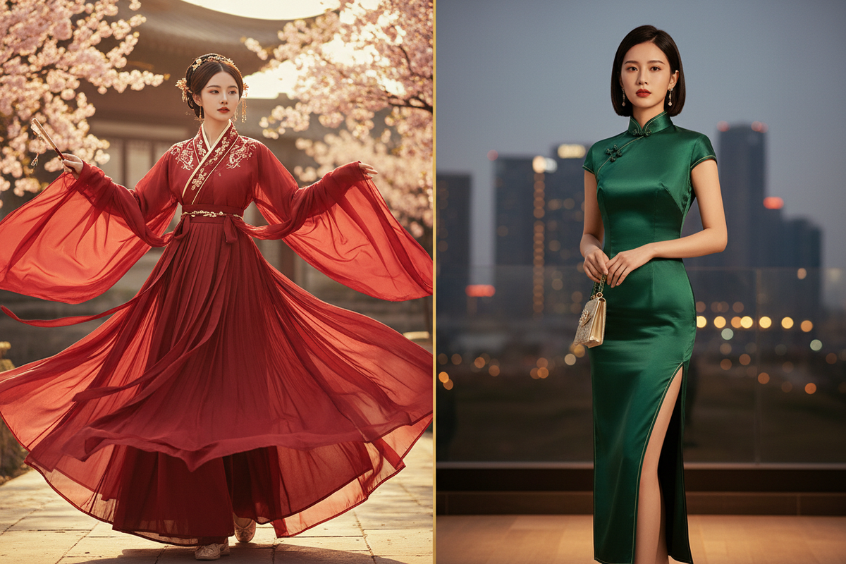 Hanfu vs Qipao 2026 — split-screen flowing red Hanfu cross-collar wide sleeves left vs fitted green Qipao mandarin collar right gold dividing line, Olive Girl