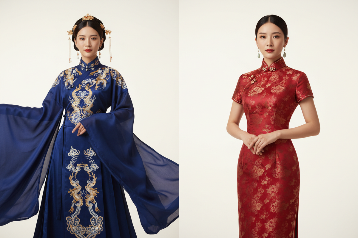 Hanfu vs Qipao difference guide 2026 — split composition East Asian woman flowing wide-sleeve Tang Hanfu left fitted elegant Qipao Mandarin collar right two distinct beautiful Chinese heritage garments, Olive Girl