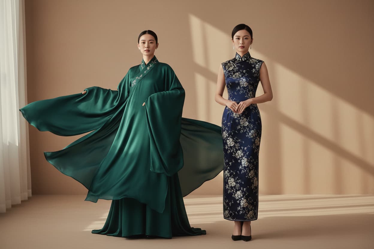 hanfu vs qipao difference — flowing wide-sleeve hanfu beside fitted qipao cheongsam, East Asian heritage fashion comparison