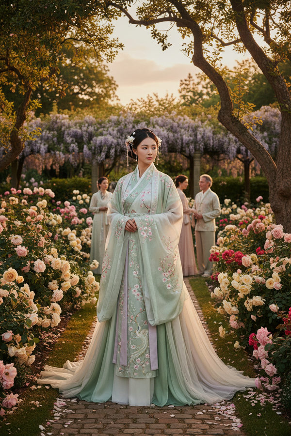 Elegant Asian woman wearing ethereal traditional Hanfu dress attending a romantic garden wedding party