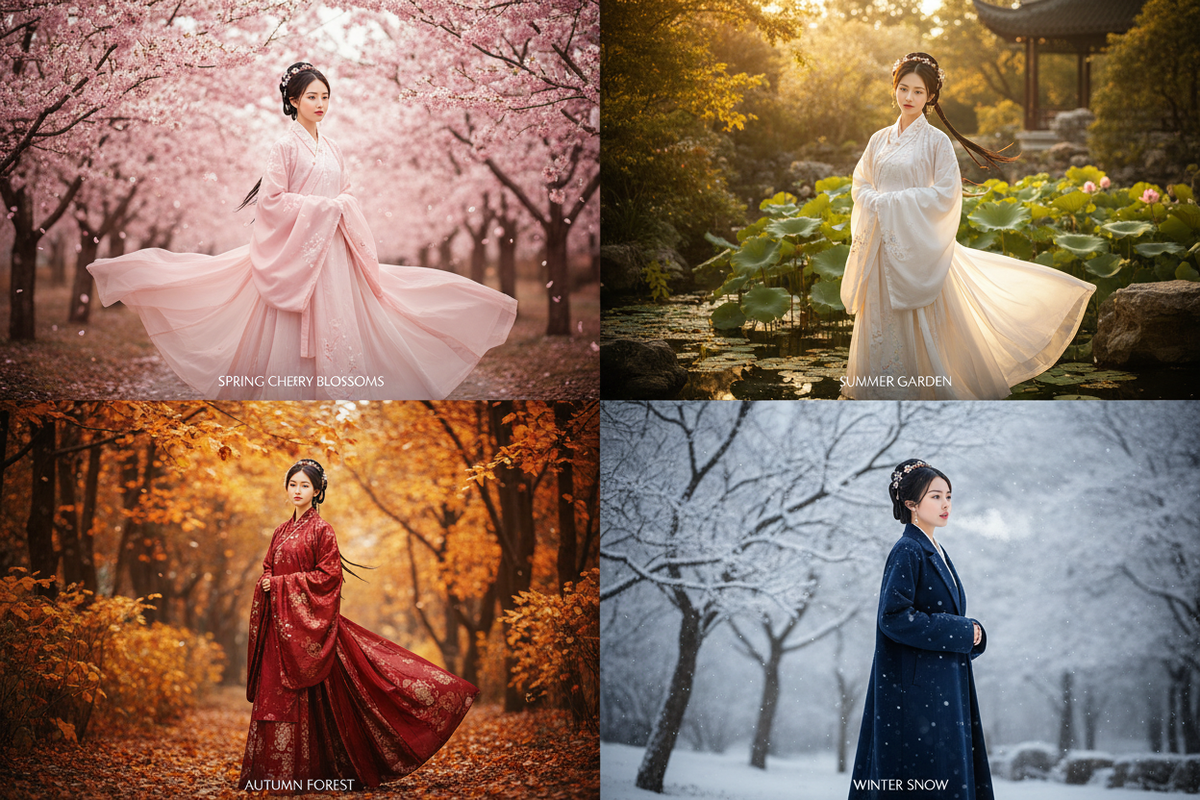 Hanfu weight warmth season guide 2026 — four seasons East Asian woman spring cherry blossoms blush pink chiffon Hanfu summer white garden golden sunlight autumn deep red jacquard golden foliage winter navy velvet snow modern coat, Olive Girl