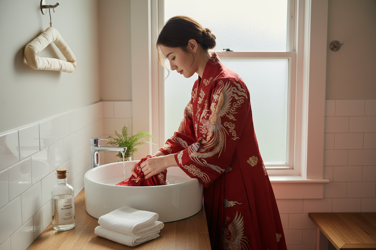 How to care for Hanfu 2026 — elegant woman hand washing red embroidered Hanfu in cold water, gentle care ritual, washing storage maintenance guide, Olive Girl