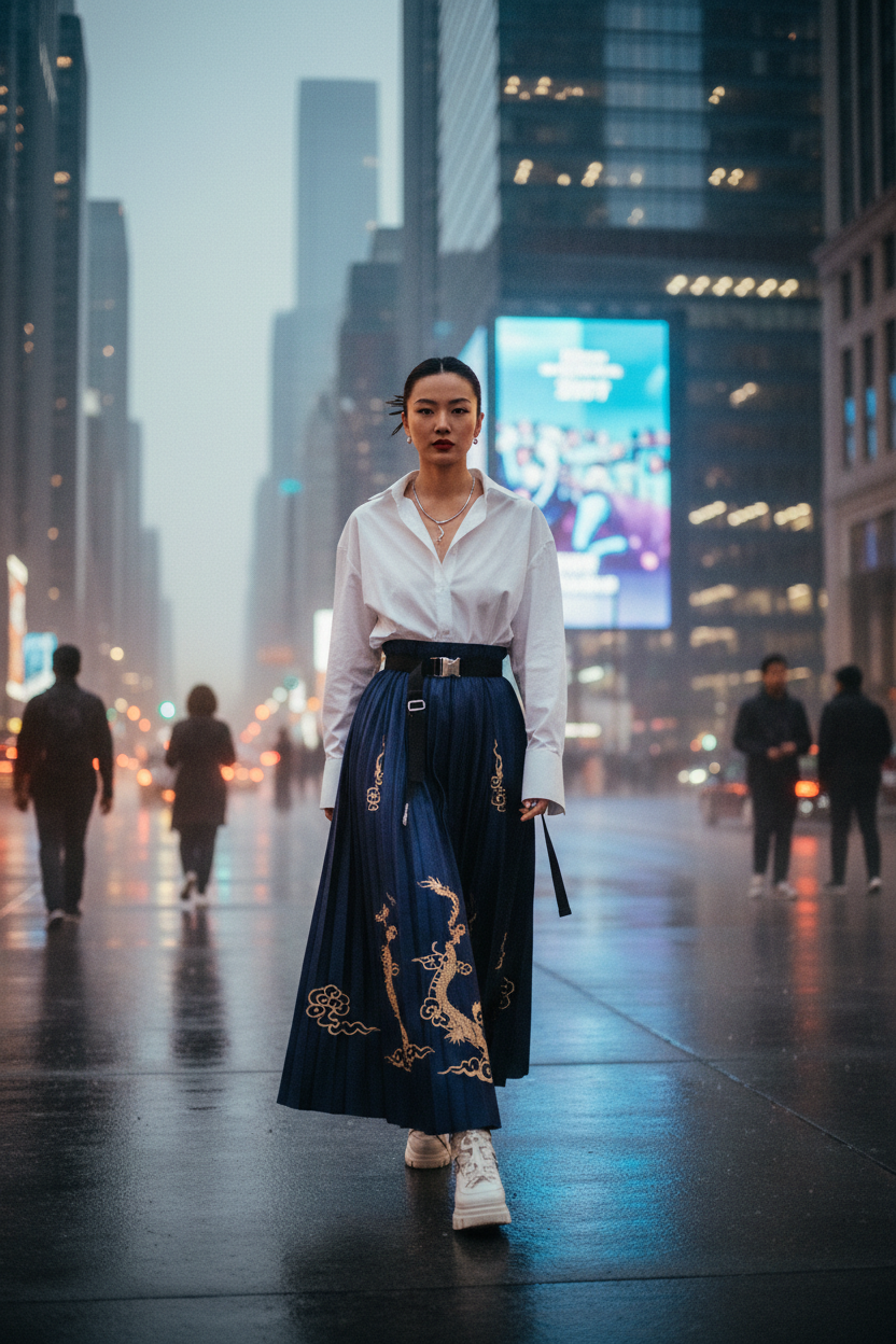 Asian woman wearing traditional Chinese Mamian skirt mixed with a modern white button-up shirt on a city street