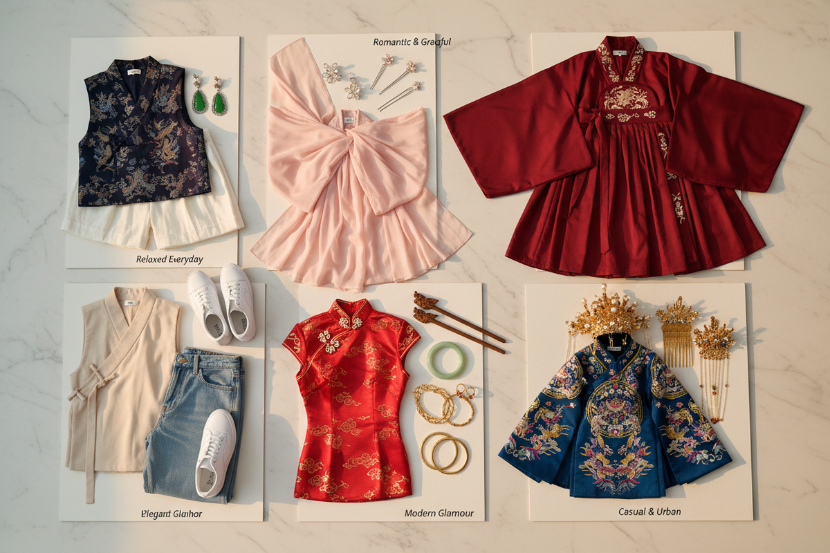 How to style Hanfu modern outfit ideas 2026 — six Hanfu styling mood board cards everyday vest linen trousers blush garden party red Tang Ren Faire CNY Qipao gold photoshoot embroidery modern casual jeans white marble, Olive Girl