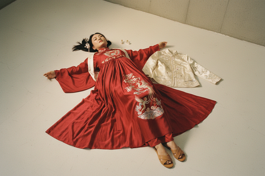 How to style Hanfu 2026 — red embroidered Hanfu dress with jade hairpin and embroidered jacket layering, Olive Girl styling guide