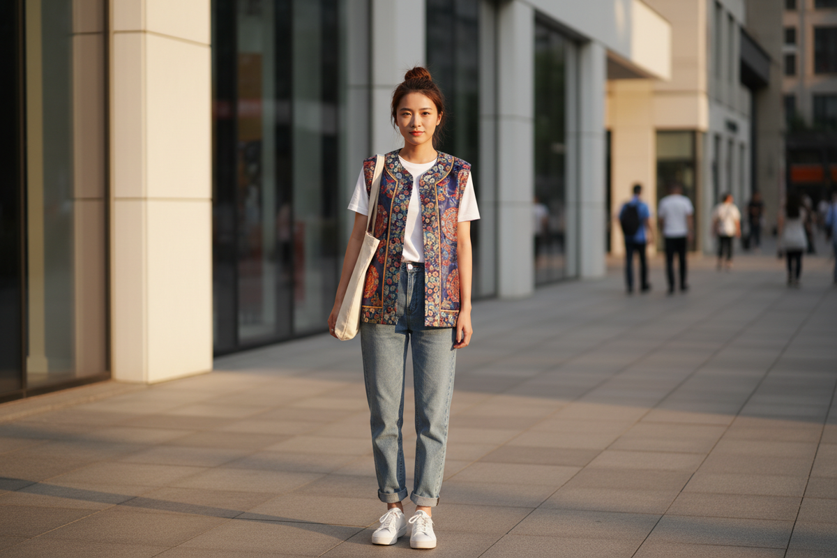 How to style Hanfu with modern clothes 2026 — stylish East Asian woman embroidered Chinese jacquard vest white t-shirt straight-leg jeans white sneakers tote bag modern city street effortlessly chic everyday Hanfu, Olive Girl