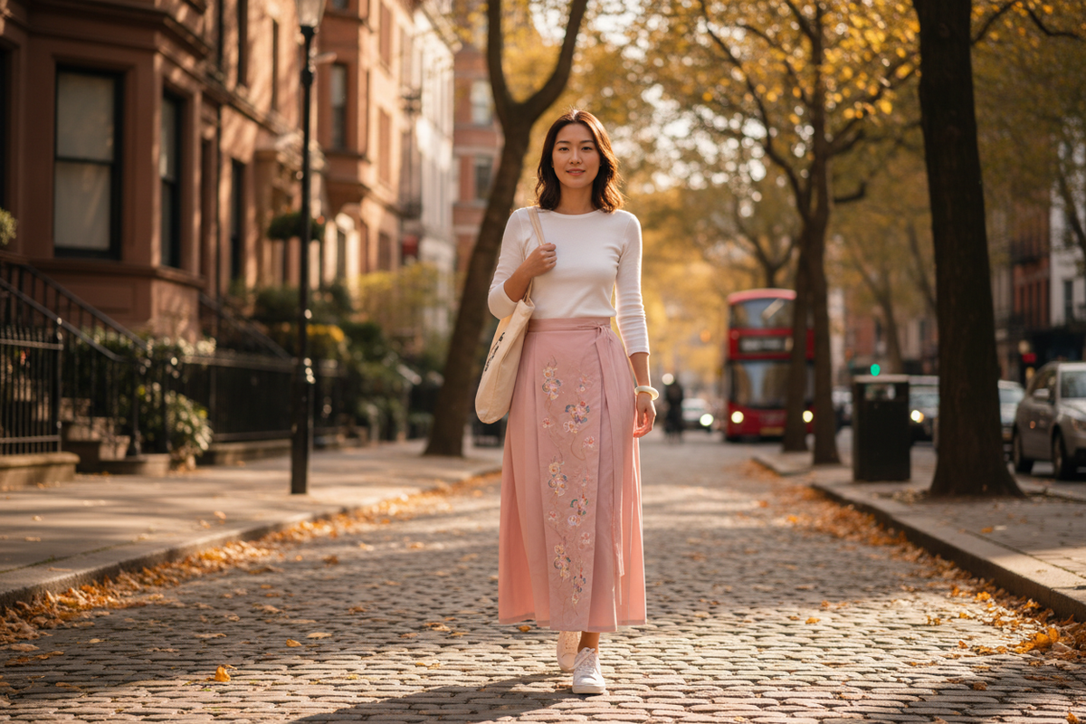 How to style Hanfu with Western accessories 2026 — East Asian woman in pink Ma Mian Skirt white sneakers jade bangle on Western city street, everyday Hanfu look, Olive Girl