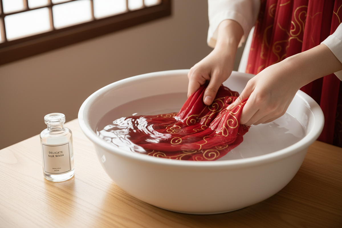 How to wash care for Hanfu 2026 — hands hand-washing crimson chiffon Hanfu gold embroidery white basin natural light editorial — Olive Girl
