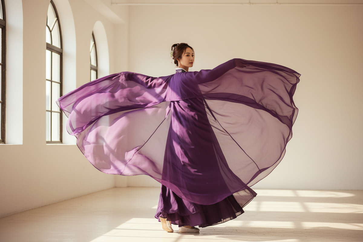 How to wear Hanfu 2026 — East Asian woman in purple Hanfu dress with wide flowing sleeves caught mid-movement, step-by-step styling guide, Olive Girl editorial